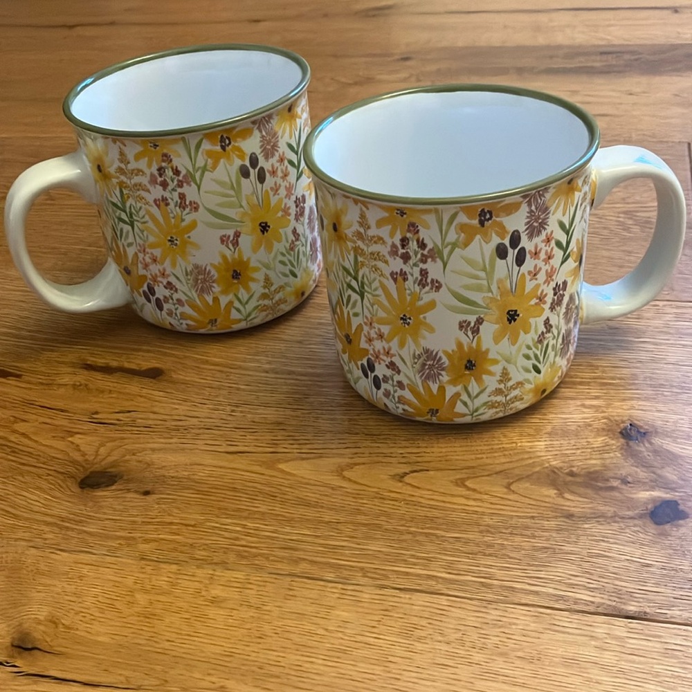 Yellow and Green Floral Mugs for Dining